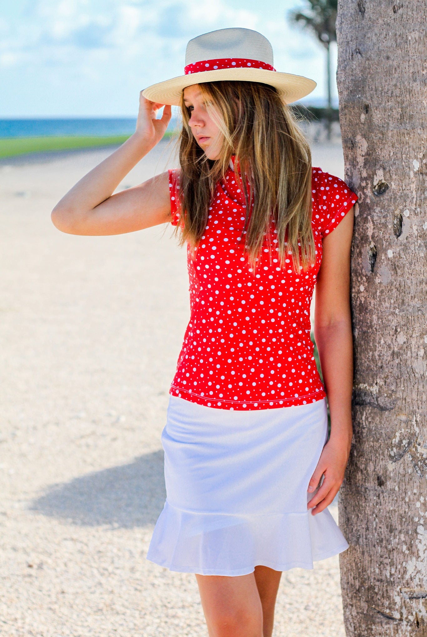 Women Golf Polo shirt - Red and White dotted | CUTU