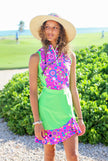 Women Golf Skirt - Green and Fucsia Stars Double Flounce Confortable sportive skirt