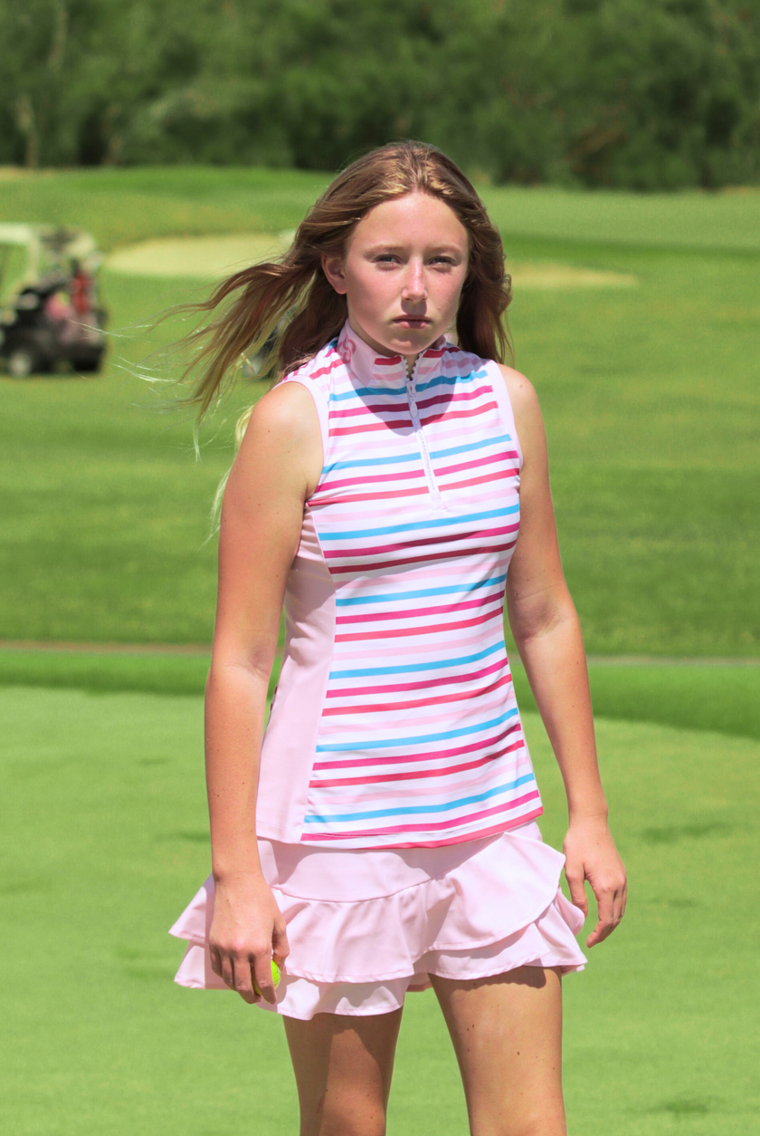 Women Golf Polo Shirt - Pink and blue striped