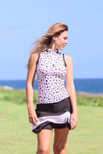 Women Golf Polo Shirt - White and Black dots Sleeveless | CUTU sport comfortable