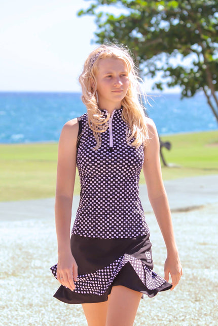 Women Golf Polo Shirt - Black and White Squares Sleeveless | CUTU