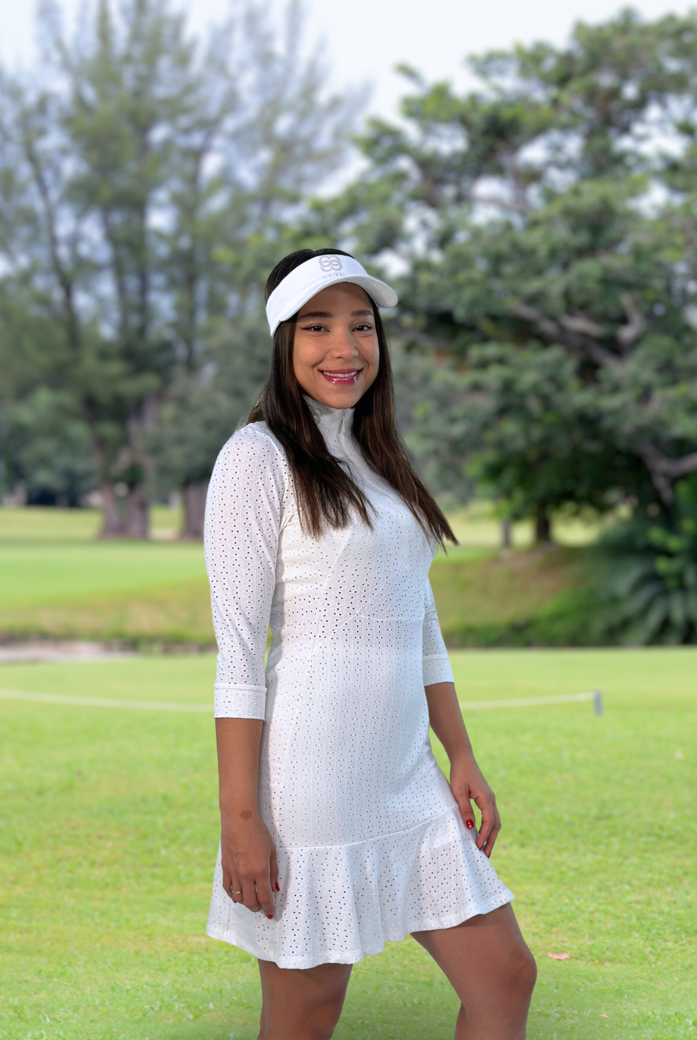 Women Golf dress - White eyelet fabric long sleeve | CUTU