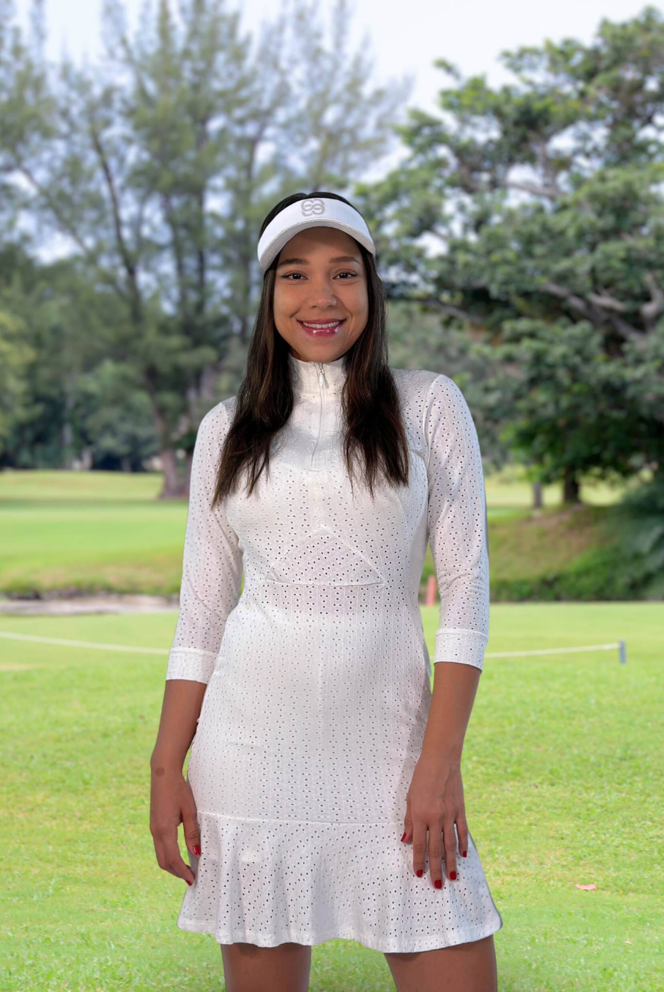 Women Golf dress - White eyelet fabric long sleeve | CUTU